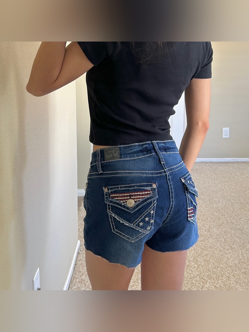 Love Indigo Women's Dark Blue Denim Shorts Flag Americana Low Mid Rise